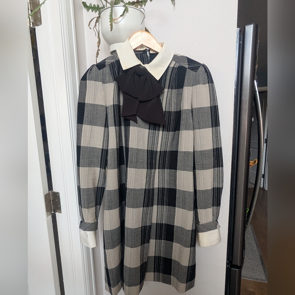 Vintage Richard Warren Plaid Black and White Dress with Bow Size 8